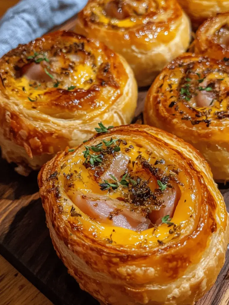 Savory ham and cheese puff pastry pinwheels are a delightful dish that combines flaky, buttery pastry with savory fillings. These bite-sized snacks are perfect for a variety of occasions, whether you are hosting a party, preparing appetizers for a family gathering, or simply enjoying a cozy night in. Their versatility makes them a go-to recipe that can be easily customized to suit personal tastes or dietary preferences.