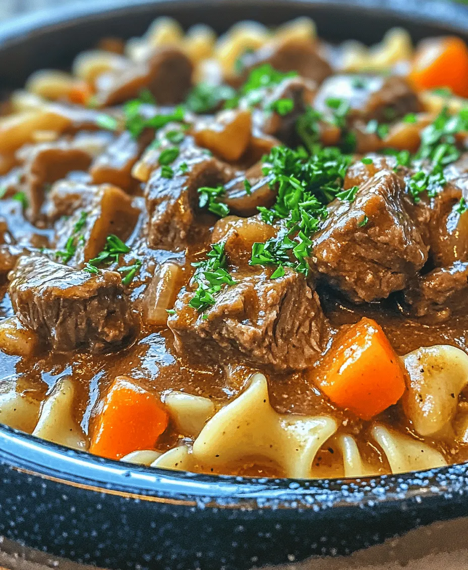 Imagine coming home after a long day to the warm, inviting aroma of a home-cooked meal wafting through the air. That’s the magic of <strong></noscript>Comforting Crockpot Beef Tips & Noodles</strong>—a dish that not only fills your belly but also warms your soul. This recipe is a staple for family dinners, offering a hearty meal that everyone can enjoy. The combination of tender beef tips, rich gravy, and comforting egg noodles creates a fulfilling experience that’s perfect for any occasion, from a chilly winter night to a casual Sunday gathering.” /></p>
</p>
<h3>Timing for Noodles</h3>
</p>
<p>When preparing Comforting Crockpot Beef Tips & Noodles, timing is crucial, especially when it comes to cooking the noodles. Cooking the noodles separately allows for better texture and ensures they don’t become mushy or overcooked. The goal is to have the noodles cooked to al dente perfection, providing a delightful contrast to the tender beef tips and rich sauce.</p>
</p>
<h4>Importance of Cooking Noodles Separately</h4>
</p>
<p>Cooking the noodles in a separate pot ensures they maintain their structure and don’t absorb too much liquid from the beef tips. This method also allows the noodles to be cooked precisely to your liking, ensuring they are ready right when your beef tips are finished in the crockpot.</p>
</p>
<h4>Tips for Achieving Al Dente Noodles</h4>
</p>
<p>To achieve the perfect al dente noodles:</p>
</p>
<p>1. <strong>Use Plenty of Water</strong>: Fill a large pot with water, ensuring enough space for the noodles to move freely. A general rule of thumb is to use about 4-6 quarts of water for every pound of pasta.</p>
</p>
<p>2. <strong>Salt the Water</strong>: Add a generous amount of salt to the boiling water (about 1 tablespoon per quart). This not only flavors the noodles but also enhances the overall dish.</p>
</p>
<p>3. <strong>Cook According to Package Instructions</strong>: Check the package for cooking times and begin checking the noodles for doneness about 2 minutes before the time indicated. Noodles should be firm to the bite, not soft.</p>
</p>
<p>4. <strong>Drain and Rinse</strong>: Once cooked, drain the noodles in a colander. Rinsing under cold water can stop the cooking process, but for this recipe, it’s best to toss them back into the pot to keep them warm.</p>
</p>
<h3>Combining Beef Tips and Noodles</h3>
</p>
<p>Once your beef tips are tender and flavorful, and your noodles are cooked al dente, it’s time to combine them. This step is essential to ensure the noodles are coated evenly with the rich sauce from the beef tips.</p>
</p>
<h4>Step-by-Step Guidance on Mixing Noodles with Beef Mixture</h4>
</p>
<p>1. <strong>Prepare the Sauce</strong>: Remove the lid from the crockpot and give the beef mixture a gentle stir to redistribute the sauce and ingredients.</p>
</p>
<p>2. <strong>Add the Noodles</strong>: Carefully add the drained noodles directly into the crockpot with the beef tips.</p>
</p>
<p>3. <strong>Toss Gently</strong>: Using tongs or a large spoon, gently toss the noodles with the beef mixture. This helps the noodles absorb the flavors without breaking apart.</p>
</p>
<p>4. <strong>Check Consistency</strong>: If the mixture seems too dry, you can add a splash of beef broth or reserved pasta water to moisten it. Aim for a balance where the noodles are coated but not swimming in sauce.</p>
</p>
<h4>Suggestions for Ensuring Even Coating of Sauce on the Noodles</h4>
</p>
<p>To ensure every noodle is beautifully coated in sauce, you can:</p>
</p>
<p>– Let the dish sit for a few minutes after mixing, allowing the noodles to soak up more of the sauce.</p>
<p>– Serve immediately with a sprinkle of fresh herbs, enhancing flavor and presentation.</p>
</p>
<h3>Thickening the Sauce (Optional)</h3>
</p>
<p>While the sauce from the crockpot is typically rich and flavorful, some may prefer a thicker consistency. Thickening the sauce can enhance the overall texture of the dish, creating a heartier feel.</p>
</p>
<h4>Overview of Why One Might Choose to Thicken the Sauce</h4>
</p>
<p>Thickening the sauce can help it cling better to the noodles, creating a more cohesive dish. Some might find a thicker sauce more satisfying, especially when serving it with bread or on a plate.</p>
</p>
<h4>Step-by-Step Instructions for Using Cornstarch</h4>
</p>
<p>To thicken your sauce using cornstarch, follow these steps:</p>
</p>
<p>1. <strong>Prepare a Cornstarch Slurry</strong>: In a small bowl, mix 1-2 tablespoons of cornstarch with an equal amount of cold water. Stir until smooth.</p>
</p>
<p>2. <strong>Add the Slurry to the Sauce</strong>: With the crockpot on high, slowly pour the cornstarch slurry into the sauce while stirring gently.</p>
</p>
<p>3. <strong>Cook Until Thickened</strong>: Allow the sauce to cook for an additional 10-15 minutes, stirring occasionally. The sauce will gradually thicken as it continues to heat.</p>
</p>
<h4>Discussing the Balance Between a Thick Sauce and a More Broth-Like Consistency</h4>
</p>
<p>Finding the right balance between a thick sauce and a broth-like consistency is essential. If you prefer a lighter dish, consider skipping the thickening step. If you enjoy a heartier sauce, feel free to adjust the amount of cornstarch to your preference, being mindful not to make it too thick, as it can overpower the dish.</p>
</p>
<h3>Serving Suggestions</h3>
</p>
<p>Presentation can elevate your Comforting Crockpot Beef Tips & Noodles from a simple meal to a delightful dining experience. Here are some creative ideas for serving:</p>
</p>
<h4>Ideas for Garnishing the Dish</h4>
</p>
<p>– <strong>Fresh Herbs</strong>: A sprinkle of chopped fresh parsley or chives brightens the dish and adds a pop of color.</p>
<p>– <strong>Grated Cheese</strong>: A light sprinkling of Parmesan cheese can add a savory touch.</p>
<p>– <strong>Cracked Black Pepper</strong>: A dash of freshly cracked black pepper enhances the flavor profile.</p>
</p>
<h4>Suggested Side Dishes or Accompaniments</h4>
</p>
<p>To round out your meal, consider pairing your beef tips with:</p>
</p>
<p>– <strong>Steamed Vegetables</strong>: Green beans, broccoli, or carrots offer a fresh contrast to the rich flavors of the beef.</p>
<p>– <strong>Garlic Bread</strong>: Perfect for soaking up any leftover sauce, garlic bread makes a tasty addition.</p>
<p>– <strong>Side Salad</strong>: A simple green salad with a light vinaigrette can balance the richness of the beef tips.</p>
</p>
<h4>Discussion on Portion Sizes and How It Serves as a Family Meal</h4>
</p>
<p>This Comforting Crockpot Beef Tips & Noodles recipe serves approximately 6-8 people, making it an excellent choice for family meals or gatherings. Portion sizes can be adjusted based on individual preferences, but this dish is filling enough to satisfy hearty appetites, especially when paired with side dishes.</p>
</p>
<h3>Nutritional Information</h3>
</p>
<p>Understanding the nutritional value of your meals is essential for making informed dietary choices. Here’s a breakdown of what you can expect per serving of Comforting Crockpot Beef Tips & Noodles:</p>
</p>
<p>– <strong>Calories</strong>: Approximately 400-500 calories per serving, depending on the cut of beef and preparation methods.</p>
<p>– <strong>Protein</strong>: High in protein, due to the beef, providing about 30-35 grams per serving.</p>
<p>– <strong>Carbohydrates</strong>: The noodles contribute around 45-50 grams of carbohydrates.</p>
<p>– <strong>Fat</strong>: Depending on the cut of beef, the dish may contain 15-20 grams of fat, primarily from the meat.</p>
</p>
<h4>Discussion on the Health Benefits of the Ingredients Used</h4>
</p>
<p>Beef is a rich source of protein, iron, and essential vitamins, contributing to muscle growth and overall health. Noodles provide carbohydrates, which serve as an energy source. Additionally, using fresh vegetables in the crockpot can add fiber and essential nutrients, making the dish more balanced.</p>
</p>
<h4>Tips for Modifying the Recipe for Dietary Restrictions</h4>
</p>
<p>– <strong>Gluten-Free Options</strong>: Substitute regular noodles with gluten-free pasta to accommodate gluten sensitivity.</p>
<p>– <strong>Low-Sodium Broth</strong>: Use low-sodium beef broth to reduce salt intake while still maintaining flavor.</p>
<p>– <strong>Lean Cuts of Beef</strong>: Opt for lean cuts like sirloin or flank steak to reduce fat content without sacrificing flavor.</p>
</p>
<h3>Conclusion</h3>
</p>
<p>In conclusion, Comforting Crockpot Beef Tips & Noodles epitomizes the warmth and ease of slow-cooked meals. This dish not only offers a satisfying experience but also provides the opportunity to gather around the table with loved ones. The preparation is straightforward, and the results are a comforting, hearty meal that’s perfect for any family gathering or cozy night in.</p>
</p>
<p>We encourage you to try this recipe and enjoy the delightful flavors that result from the simplicity of a crockpot. The joy of cooking and sharing meals with family is unparalleled, and this beef tips dish is sure to become a cherished favorite in your home. Whether it’s a weeknight dinner or a special occasion, this recipe promises warmth, comfort, and deliciousness in every bite.</p>
<div id=