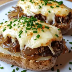 French Onion Baked Potatoes offer an exquisite balance of flavors and textures. The crispy skin of a perfectly baked russet potato serves as a delightful contrast to the creamy, cheesy filling infused with the deep umami flavors of caramelized onions. Each bite delivers a symphony of tastes, from the sweetness of the onions to the richness of the cheese and the earthiness of the broth.