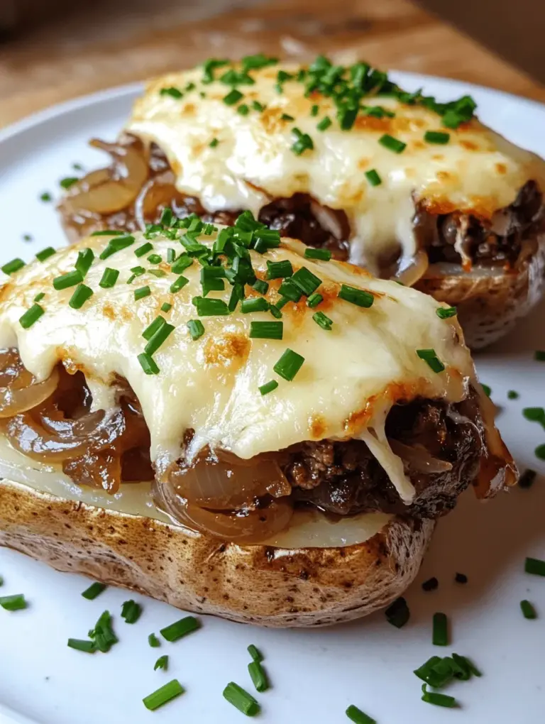 French Onion Baked Potatoes offer an exquisite balance of flavors and textures. The crispy skin of a perfectly baked russet potato serves as a delightful contrast to the creamy, cheesy filling infused with the deep umami flavors of caramelized onions. Each bite delivers a symphony of tastes, from the sweetness of the onions to the richness of the cheese and the earthiness of the broth.