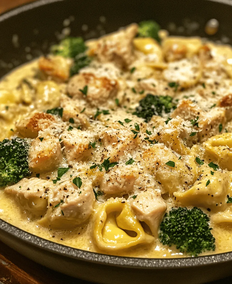 When it comes to comfort food, few dishes can rival the rich, creamy goodness of <strong></noscript>Creamy Garlic Parmesan Tortellini with Chicken & Broccoli. This dish combines the delightful chewiness of tortellini, the tender crunch of broccoli, and the savory flavors of chicken in a luscious garlic parmesan sauce. Whether you’re preparing a weeknight dinner for the family or looking to impress guests with a quick yet elegant meal, this recipe ticks all the boxes.” /></p>
<p></p>
<h3>Recommended Cooking Techniques for Beginners</h3>
<p></p>
<p>When embarking on your culinary journey, mastering a few essential cooking techniques can significantly enhance your experience in the kitchen. For the Creamy Garlic Parmesan Tortellini with Chicken & Broccoli, focus on the following beginner-friendly techniques:</p>
<p></p>
<p>1. <strong>Sautéing</strong>: This method involves cooking food quickly in a small amount of oil or butter over relatively high heat. It’s perfect for bringing out the flavors of garlic and ensuring your chicken is cooked to perfection.</p>
<p></p>
<p>2. <strong>Boiling</strong>: For tortellini and broccoli, boiling is a straightforward technique that requires submerging ingredients in boiling water until tender.</p>
<p></p>
<p>3. <strong>Tossing</strong>: Mixing the pasta, chicken, and broccoli with the creamy sauce requires a gentle touch to keep everything intact. This technique ensures that your ingredients are evenly coated without breaking them apart.</p>
<p></p>
<p>4. <strong>Simmering</strong>: This low-heat cooking method is essential for developing flavors in your creamy sauce while preventing the cream from curdling.</p>
<p></p>
<p>By practicing these techniques, you will not only enhance your cooking skills but also ensure a delicious outcome for this dish.</p>
<p></p>
<h3>Preparing the Creamy Garlic Sauce</h3>
<p></p>
<p>The creamy garlic sauce is the star of this dish, adding richness and depth to the tortellini, chicken, and broccoli. Here’s a step-by-step guide to preparing this luscious sauce:</p>
<p></p>
<h4>Step-by-Step Process of Making the Sauce</h4>
<p></p>
<p>1. <strong>Sautéing Garlic</strong>: Begin by heating a tablespoon of olive oil in a large skillet over medium heat. Once hot, add 4-5 cloves of minced garlic. Sauté the garlic for about 1-2 minutes, or until it becomes fragrant and slightly golden. Be careful not to burn it, as burnt garlic can impart a bitter taste to your sauce.</p>
<p></p>
<p>2. <strong>Adding Cream</strong>: Next, pour in 1 cup of heavy cream, stirring continuously to combine it with the sautéed garlic. Allow the cream to heat through for about 2-3 minutes. This will help to develop the flavors fully.</p>
<p></p>
<p>3. <strong>Incorporating Cheese</strong>: Gradually add 1 cup of freshly grated Parmesan cheese into the mixture. Stir until the cheese melts completely, and the sauce becomes thick and creamy. If you find the sauce is too thick, you can add a splash of pasta water or more cream to reach your desired consistency.</p>
<p></p>
<h4>Achieving the Perfect Creamy Consistency</h4>
<p></p>
<p>The key to a silky sauce lies in the balance of cream and cheese. If your sauce is too thick, don’t hesitate to adjust it with either some reserved pasta cooking water or more cream. This will not only help you achieve the desired consistency but also enrich the flavor profile. Furthermore, remember to keep the heat low when incorporating the cheese to prevent it from clumping.</p>
<p></p>
<h3>Combining Ingredients for Maximum Flavor</h3>
<p></p>
<p>Once your creamy garlic sauce is ready, it’s time to bring all the elements of the dish together. Here’s how to combine the tortellini, chicken, and broccoli effectively:</p>
<p></p>
<p>1. <strong>Mixing Everything Together</strong>: Add the cooked tortellini and sautéed chicken to the skillet with the sauce. Gently fold the ingredients together using a spatula, ensuring every piece of tortellini is coated in the creamy sauce.</p>
<p></p>
<p>2. <strong>Adding Broccoli</strong>: Incorporate the steamed broccoli into the mixture. Toss gently to combine, being careful not to break the delicate tortellini. This light tossing is crucial for maintaining the integrity of your ingredients while ensuring they are evenly distributed.</p>
<p></p>
<p>3. <strong>Adjusting Seasoning</strong>: Taste your dish and feel free to adjust the seasoning to your preference. A pinch of salt, cracked black pepper, or even a dash of red pepper flakes can elevate the flavors even further. Remember, seasoning is key to a well-balanced meal.</p>
<p></p>
<h3>Serving Suggestions</h3>
<p></p>
<p>The final presentation of your Creamy Garlic Parmesan Tortellini with Chicken & Broccoli is just as important as the taste. Here are some tips to make your dish visually appealing and enjoyable:</p>
<p></p>
<p>1. <strong>Presentation Tips</strong>: Serve the tortellini in shallow pasta bowls for an elegant look. Use a large spoon to mound the tortellini in the center and let the creamy sauce drizzle down the sides. This not only looks inviting but also highlights the creamy texture of the dish.</p>
<p></p>
<p>2. <strong>Recommended Side Dishes</strong>: Pair your tortellini with a side of garlic bread for a classic combination that complements the creamy flavors. A simple mixed greens salad dressed with a light vinaigrette can also provide a refreshing balance to the richness of the main dish.</p>
<p></p>
<p>3. <strong>Garnishing Suggestions</strong>: Finish your dish with a sprinkle of freshly chopped parsley and an extra dusting of Parmesan cheese. This not only adds a pop of color but also enhances the flavor profile with a fresh touch.</p>
<p></p>
<h3>Nutritional Information</h3>
<p></p>
<p>Understanding the nutritional value of your meal is essential for making informed dietary choices. Here’s a breakdown of the nutritional information per serving of the Creamy Garlic Parmesan Tortellini with Chicken & Broccoli:</p>
<p></p>
<p>– <strong>Calories</strong>: Approximately 550</p>
<p>– <strong>Protein</strong>: 30g</p>
<p>– <strong>Fat</strong>: 30g</p>
<p>– <strong>Carbohydrates</strong>: 50g</p>
<p>– <strong>Fiber</strong>: 3g</p>
<p></p>
<h4>Health Benefits of the Ingredients Used</h4>
<p></p>
<p>1. <strong>Chicken</strong>: A great source of lean protein, chicken helps to build and repair tissues and is crucial for overall health.</p>
<p></p>
<p>2. <strong>Broccoli</strong>: Packed with vitamins C and K, broccoli is a powerhouse of nutrients. It also contains fiber, which aids in digestion.</p>
<p></p>
<p>3. <strong>Parmesan Cheese</strong>: While high in calories, parmesan also provides calcium and protein, essential for bone health.</p>
<p></p>
<h4>Considerations for Dietary Restrictions or Modifications</h4>
<p></p>
<p>– <strong>Gluten-Free</strong>: For a gluten-free version, substitute regular tortellini with gluten-free pasta options available in stores.</p>
<p></p>
<p>– <strong>Vegetarian</strong>: Omit the chicken and add more vegetables like bell peppers, zucchini, or spinach to maintain a hearty dish.</p>
<p></p>
<h3>Conclusion</h3>
<p></p>
<p>In summary, the Creamy Garlic Parmesan Tortellini with Chicken & Broccoli is a delightful dish that combines ease of preparation with delicious flavors and wholesome ingredients. Whether you’re looking for a quick weeknight dinner or a dish to impress guests on special occasions, this recipe fits the bill perfectly.</p>
<p></p>
<p>With its creamy sauce and savory components, it promises a satisfying meal that caters to a variety of tastes. Don’t hesitate to try this recipe and experience the comfort and satisfaction it brings to your dining table. The versatility of this dish makes it a wonderful addition to your culinary repertoire, ensuring you can whip up something delicious at any time. Enjoy your cooking adventure!</p>
<div id=