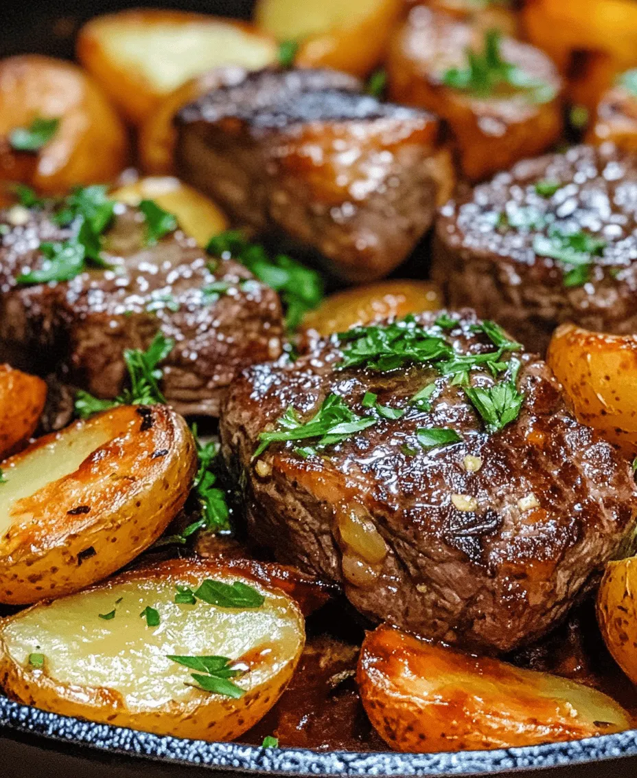 Discover the mouthwatering delight of Garlic Butter Steak and Potatoes Skillet, a dish that unites the juicy tenderness of sirloin steak with the earthy richness of baby potatoes, all enveloped in a luscious garlic butter sauce. This recipe is not only quick and easy to prepare but also perfect for a weeknight dinner or a special occasion. The combination of savory steak and tender potatoes, enhanced by aromatic herbs and garlic, creates a symphony of flavors that will impress even the most discerning palates.