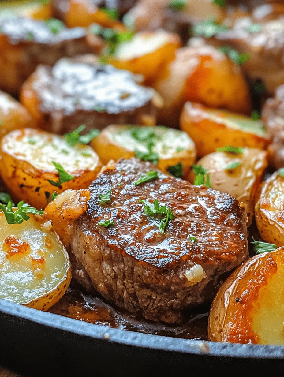 Discover the mouthwatering delight of Garlic Butter Steak and Potatoes Skillet, a dish that unites the juicy tenderness of sirloin steak with the earthy richness of baby potatoes, all enveloped in a luscious garlic butter sauce. This recipe is not only quick and easy to prepare but also perfect for a weeknight dinner or a special occasion. The combination of savory steak and tender potatoes, enhanced by aromatic herbs and garlic, creates a symphony of flavors that will impress even the most discerning palates.