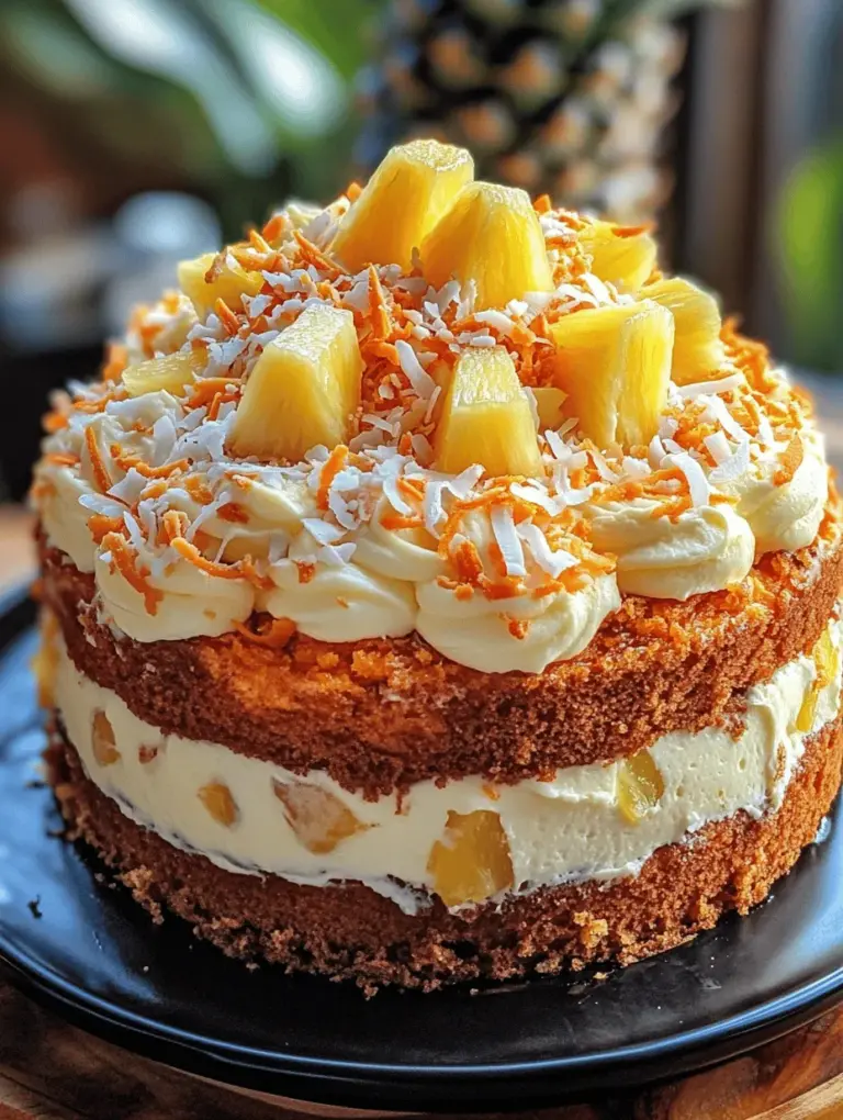 Tropical Delight: Hawaiian Pineapple Carrot Cream Cake is not just a dessert; it's a celebration of flavors that transports you to sun-soaked beaches and vibrant luaus. This cake is a delightful fusion of sweet crushed pineapple, fresh grated carrots, and a hint of shredded coconut, creating a moist and flavorful treat that tantalizes the taste buds. Each bite brings a taste of the tropics, combined with the comforting nostalgia of a classic carrot cake, making it a perfect centerpiece for any occasion.