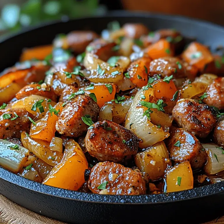 The Sizzling Sausage & Peppers Skillet is a quintessential dish that epitomizes the comfort food experience. Infused with hearty flavors and comforting aromas, this vibrant one-pan meal combines juicy Italian sausage with colorful bell peppers and onions, creating a delightful medley of textures and tastes in just 30 minutes. Whether you're looking to satisfy a hungry family on a busy weeknight or impress guests during a casual gathering, this dish is your go-to solution. It can be elegantly served over rice or pasta, or simply enjoyed on its own for a satisfying meal.